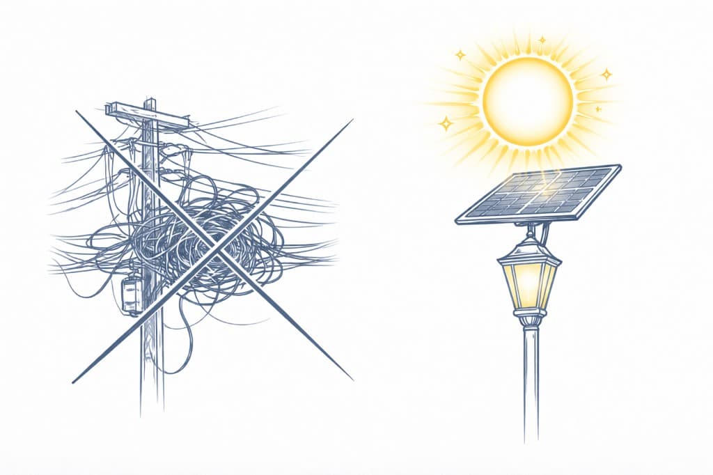 Apa keunggulan PJUTS dibandingkan PJU biasa? - PJUTS mandiri energi, tidak memerlukan kabel instalasi listrik PLN, dan lebih hemat biaya operasional jangka panjang bagi daerah.